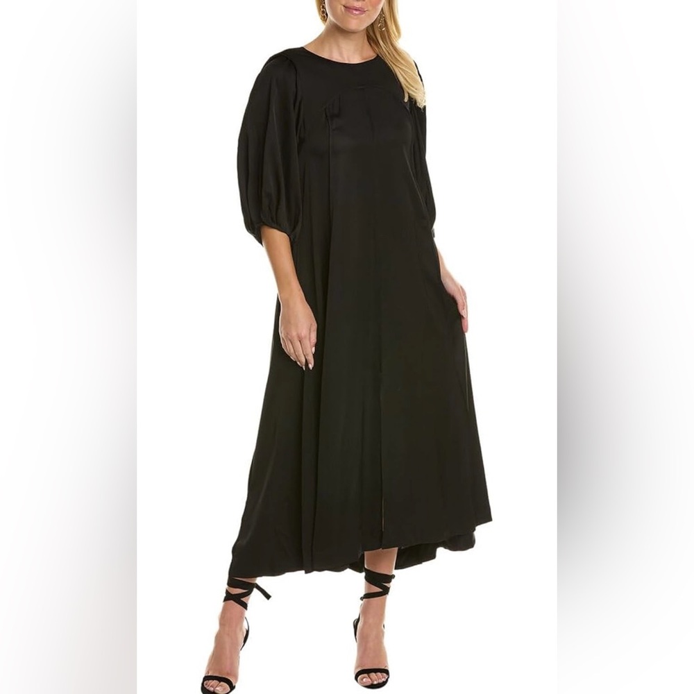 Rebecca Taylor Open Back Maxi Dress Black Satin Puff Sleeve Women's M